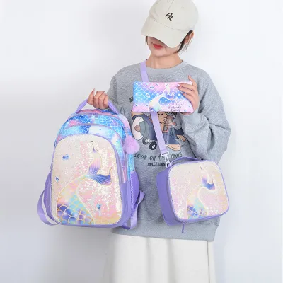 MOQ=1 Multi-functional Mermaid Backpack Set Three-piece,Laser Sequin Embroidery Anime and Cartoon Children's Backpacks