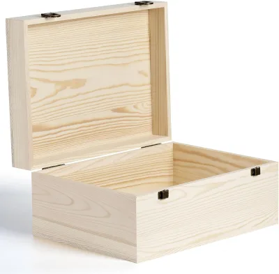 Large Wooden Box 14x 10.4 X 6.5 Unfinished Wood Box with Hinged Lid | Large Pine Wooden Boxes for Crafts,Storage,DIY