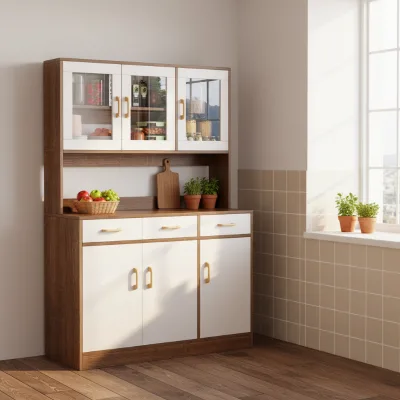 Buffet Cabinet with Glass Doors and Drawers Walnut White Two-tone Hutch Large Capacity Floor-standing for Dining Room Anrichte
