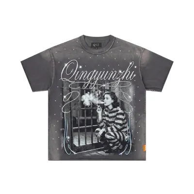 Vintage Washed 250g Oversized Drop Shoulder T-Shirt Hot Fix Rhinestone Letter DTG High Definition Print Street Style Tee for Men