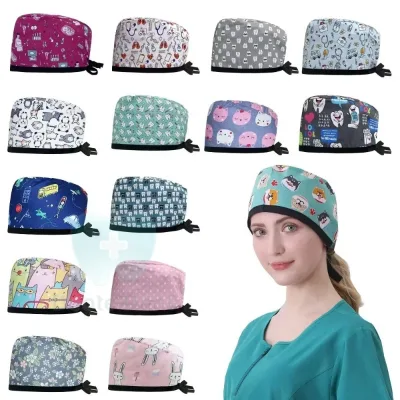 Adjustable Tie Back Surgical Cap Nurse Scrub Caps Medical Cotton Printed Nurse Cap for Dental Clinics Beauty Salon Hospital