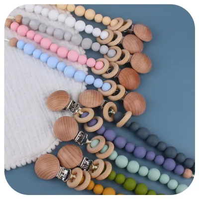 Baby Pacifier Clip Chain Wooden Soother Soft Silicone Beads Newborn Pacifier Chain