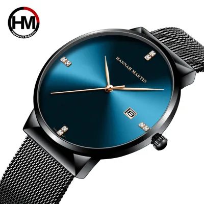 Japanese Original Quartz Movement Watch Luxury Rhinestone 40mm Blue Black Business Style Casual Fashion Stainless Steel Watches