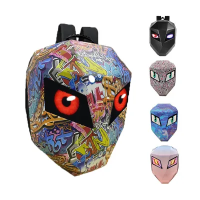 Black LED Knight Bag Waterproof Hard Shell Motorcycle Bag for Men DIY Display Eyes LED Backpack
