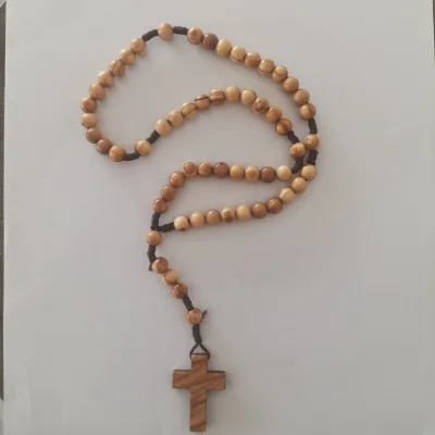 Wholesale Natural Olive Wood Bead Rosary with Brown Knotted Cord and Plain Wooden Cross for Catholic Prayer