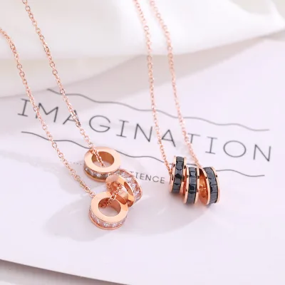 Fashion Simple Stainless Necklace Three Ring Pendants Zircon Set square Rose Gold Girls Necklace