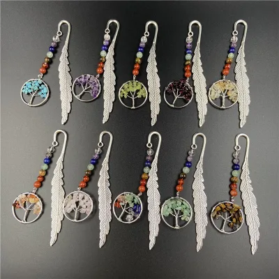 Seven-color Stone Life Tree Bookmark Retro Crystal Jade Feather Series Cross-Border for EBay Jc942 Unisex Korean Style