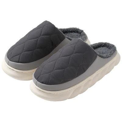 Home Down Fabric Slippers Men Winter Large-Size Indoor Fabric Waterproof Plush Warm Non-Slip PVC Outsole Women Color Blocking