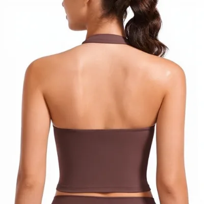 New High-Elasticity Solid Halter Neck Crop Top for Women Deep U Neck Removable Pads Bare-Skin-Like Fitness Yoga Sports Tank Top