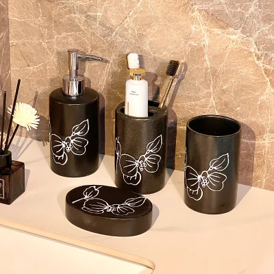 Black Matte Ceramic Bathroom 4pcs Set with Lotus Pattern Soap Dispenser Hotel Restroom Decor Family MultiUser Personal Care Kit