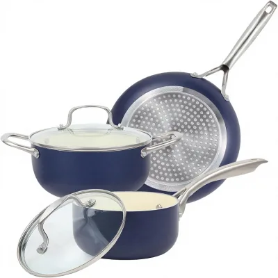 7-Piece Nonstick Blue Aluminum Cookware Set Cooking Pots Set Ollas De Cocina Induction Compatible Oven Safe PFAS/PFOA Free