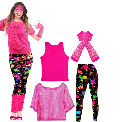 Women 80s Fishnet Top Costume Accessory Set, Mesh Off Shoulder Shirt Yoga Legging for Halloween Party Dress up M-XL