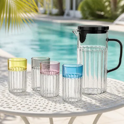 1200ml Ribbed Glass Water Pitcher with 280ml Iced Coffee Glass Set, Vertical Striped Juice Glass Carafe with Colorful Rims