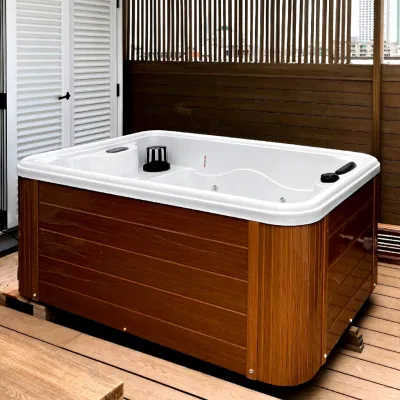 Modern Compact Acrylic Freestanding Massage Spa Tub for 2 People LED Lights Comfortable Seats Air Hydrotherapy Jets Exterior