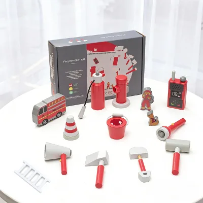 Pretend Toy Wooden Fireman Role Play Firefighter Accessories with Fire Extinguisher and Hydrant, Firefighter Kit for Kids