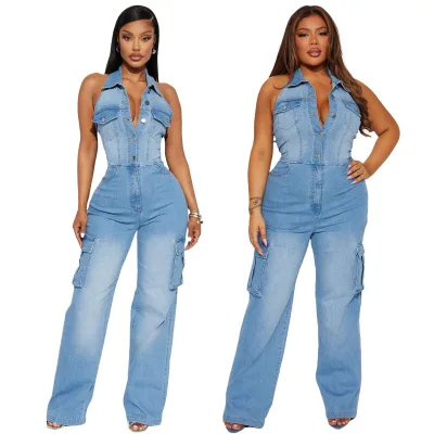 Summer 2024 Sexy Backless High Waist Straight Leg Street Overalls Pants Halter Top One Piece Romper and Denim Jumpsuit for Women