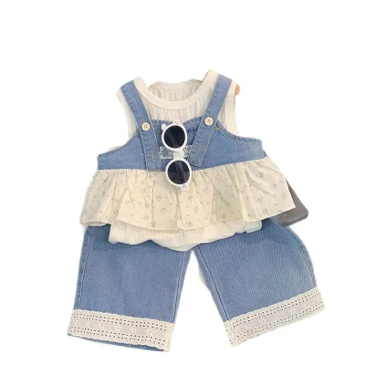 BAILI 2026 Summer New Girl Casual 3-Piece Set Denim Print Splicing Strap Plus Underwear Plus Long Pants Worsted