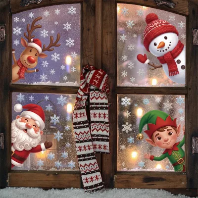 2026 Christmas Static Window Stickers Snowflake Cartoon Santa Reindeer Snowman Elf Removable Glass Decoration Home Xmas Supplies