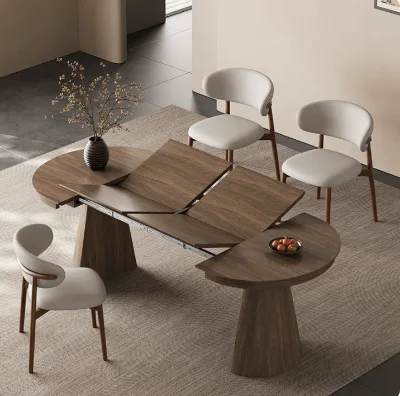 Solid Oak Expandable Dining Table Convertible Oval to Round Table Flared Conical Base Retractable Dinner Table for Apartment