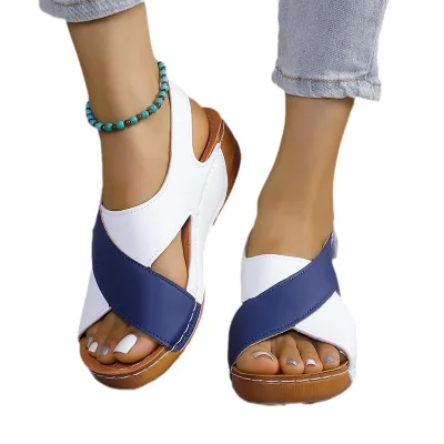 Europe America Foreign Trade Summer Thick Sole Colorblock Roman Cross-border Platform for Open-toe Beach Sandals Women