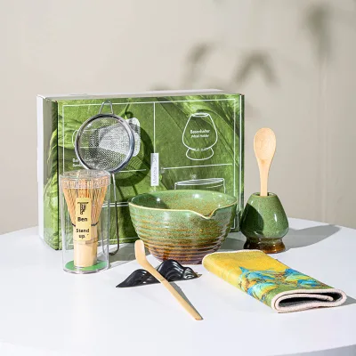 R Japandi Style High-End Green Gift Box Set Cross-Border Ins Style Eco-Friendly Heat-Resisting Porcelain Matcha Tea Set