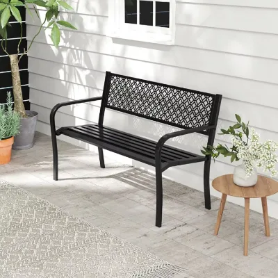 Outdoor Garden Bench with Geometric Lattice Backrest & Slatted Seat for Courtyard Home