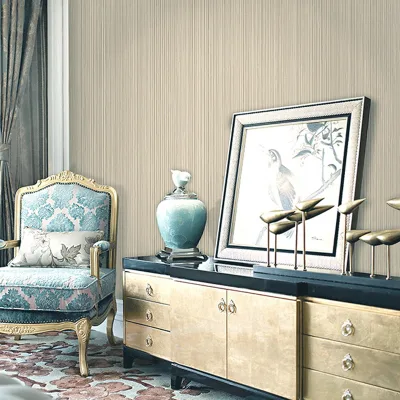 Simple Plain Vertical Grain Design Beige Living Room Bedroom Restaurant Office Decoration Household Use Non Woven Wallpaper