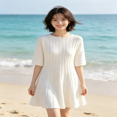 Women Crew Neck Elbow Sleeve Vertical Ribbed Knit Mini Dress Loose Flared Line Swing Short Sweater Summer Beach Casual Vacation