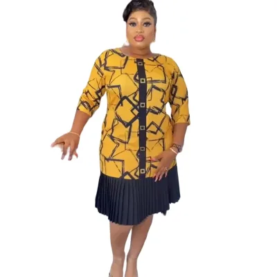 2024 African Print Lace Dress Turkey Design Plus Size Contrast Pleated Dress Women's Fashion Office Type Skirt