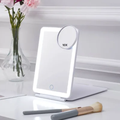 Hot Selling Contemporary Foldable LED Makeup Mirror Silver with 10X Magnifying Mirror Touch Control Three-Color Light