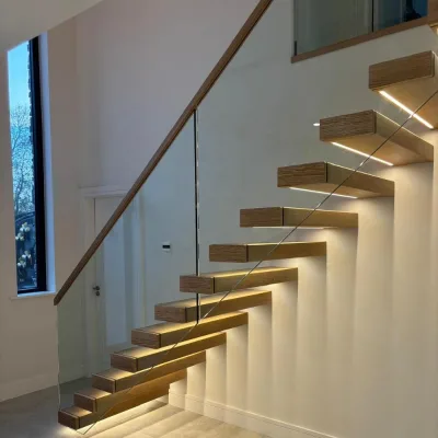 Custom Spiral Cantilever Floating Staircase Solid Wood Steps Frameless Glass Balustrade Timber Handrail Built LED Strip Lights