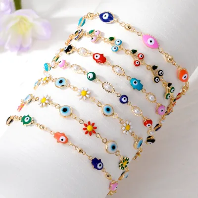 Korean Gold Plated Bohemia Bracelet Pearl Flower Band Eye Charm Bracelet Lucky Cute Eye Bracelet Fashion Jewelry for Girls Women