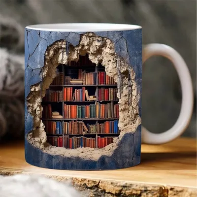 Ceramic Retro 3D Bookshelf Design Coffee Mug Household Use