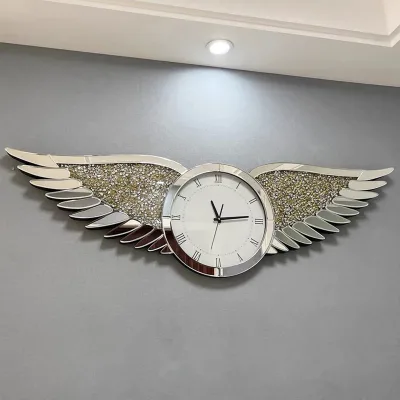 Evelyn Large Luxury diamond Shinning Glass Mirror Finished Big Silver Wing Wall Hanging Clock Decoration