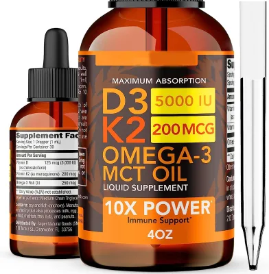 Vitamin D3 K2 Liquid Drops 5000 IU (4oz) Maximum Strength Multivitamin and Omega 3 Bone and Support Supplement