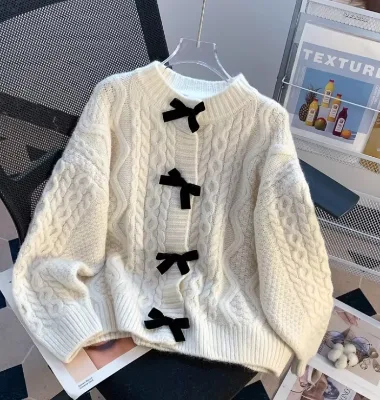 Women Bow Decor Cable Knit Cardigan Crew Neck Loose Short Knitted Sweater Coat