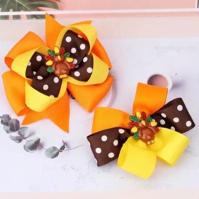 Vintage Cross-Border Hot Sale Thanksgiving Children's Bow Hair Clip Little Turkey Design Ribbon Brown Polka Dot Hair Accessory