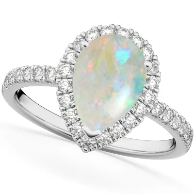 Pear Cut White Opal Halo Opal&Diamond Engagement Ring With Cubic Zirconia 14k White White Gold Jewelry