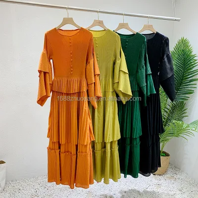 Miyake Pleated New Solid Colour Women's Dresses Ethnic Conservative Dresses