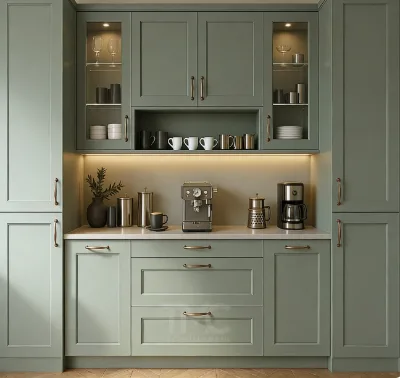 French Country Style Mint Green MDF with Lacquer Sideboard Pantry Cabinet with Brass Handles and LED