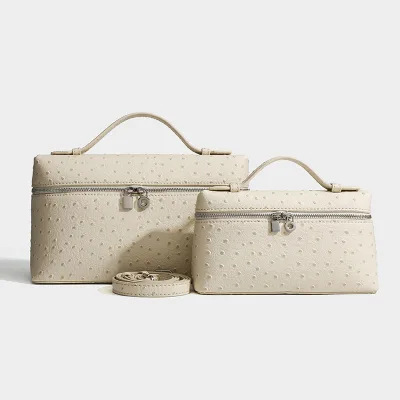 Towel Makeup Bag Open Handbag with Zipper Closure Ostrich Pattern Luxury French-Style Shoulder Bag and Stitching Buckle