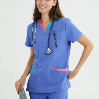Ultra Soft Contrast V-neck Nurse Spandex Nursing Uniforms Sets Custom Plus Size Scrubs