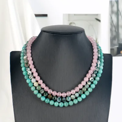 Wholesale Natural Healing Crystal Gemstone Rose Quartz Mossagate Round Beads Necklace for Gift