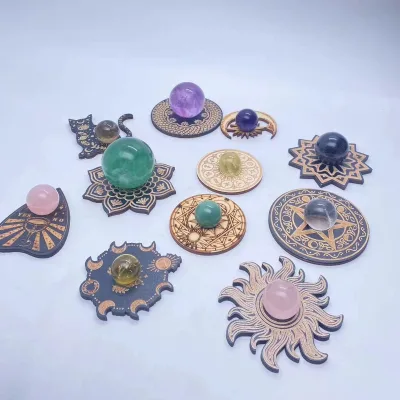 Solid Wood Star Moon Lotus Geometric Figure Five Awn Star Sun Magic Array Rune Crystal Ball Base Decoration Ornaments