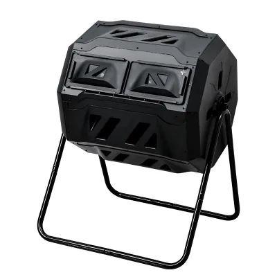 43 Gallon Black Door Outdoor Tumbling Composter Dual Rotating Batch Compost Bin