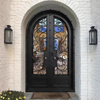 Modern Luxury Black Iron Double Entry Door Decorative Glass Wrought Iron Design for Exterior Hotel Use Insulated Thermal Smart