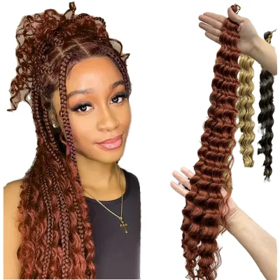 Ocean Wave Synthetic Deep Wave Arel Curl Women Long Deep Wavy Curly Crochet Braiding Hair Extension Machine Double Weft 30