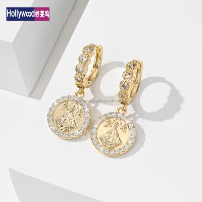 Hot Sale Religious Style Exquisite Engrave Earring Luxury Gold Plated Cubic Zircon Drop Earrings Wholesale