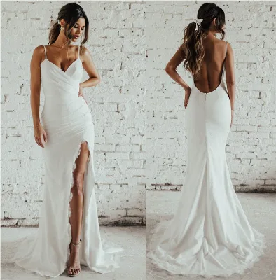 Bare Back Women Beach Sexy Leg Open Mermaid Tail Wedding Dresses