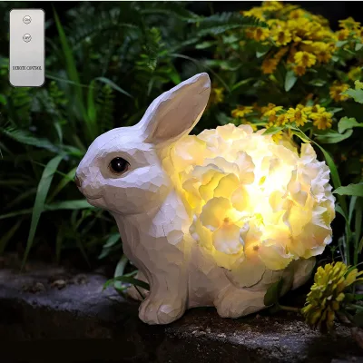 Garden Statue Cute Rabbit Figurine with Flower Lights Warm White LED -Battery Powered Remote Control Rabbit Statue Night Light H